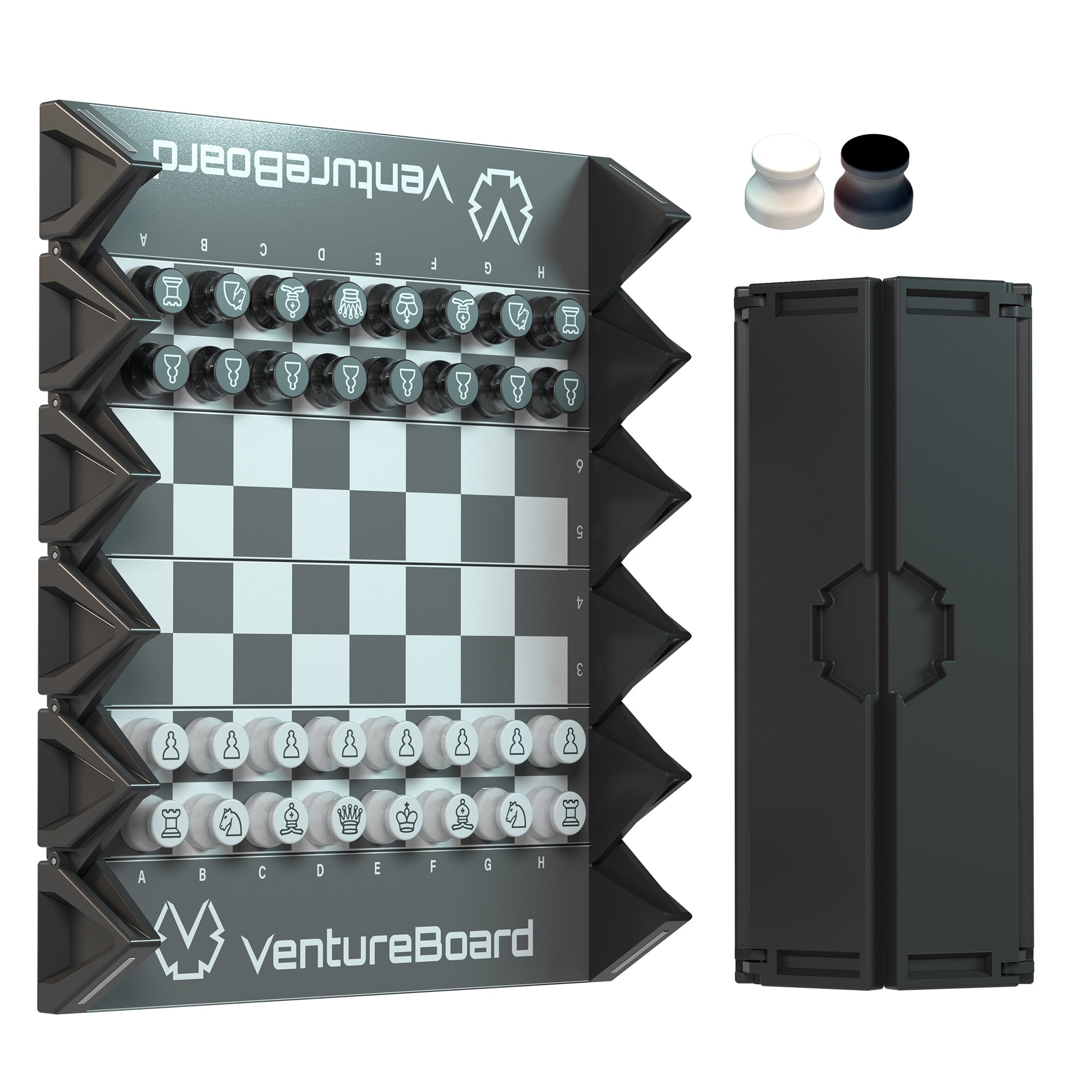 VentureBoard Mini Chess Noir Edition - portable magnetic travel chess set in classic black and white